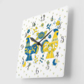 Schwedisch Folk Dala Rooster l Blue und Yellow Quadratische Wanduhr (Winkel)