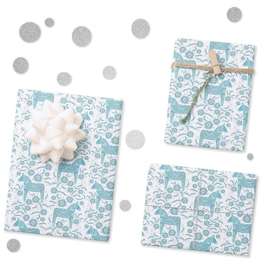 Schwedische Dala Horse Aquamarine Kunst des Grünen Geschenkpapier Set