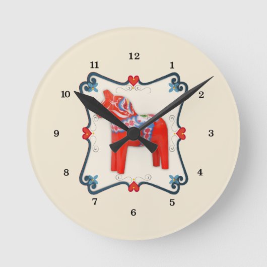Schwedische Dala Horse Folk Kunst Gerahmt Runde Wanduhr (Vorderseite)