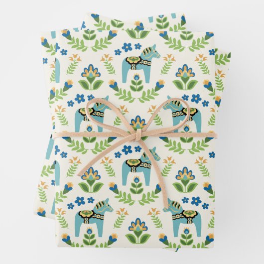 Schwedische Dala Pferde Aquamarin Geschenkpapier Set (Beispiel)