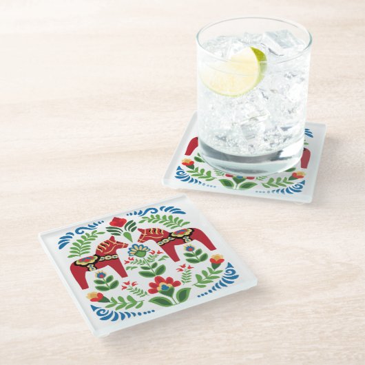 Schwedische Dala Pferde Red Glasuntersetzer (Schrägansicht)