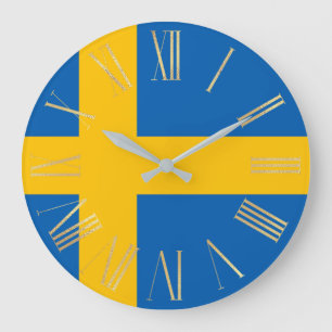 Schwedische Flagge mit goldenen römischen Ziffern Große Wanduhr