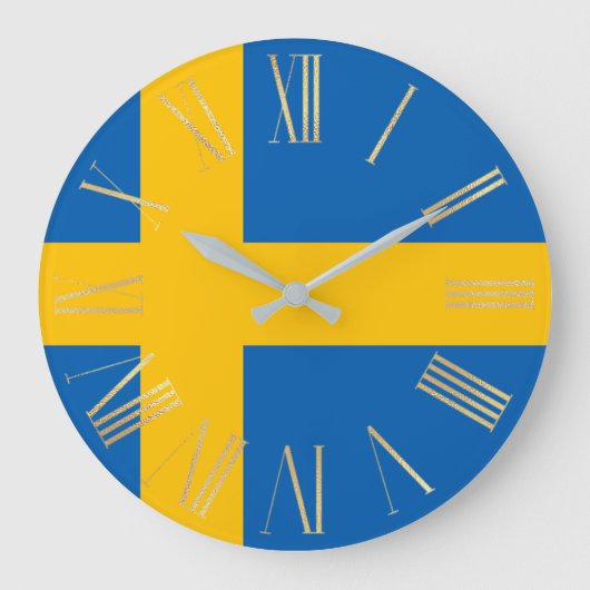 Schwedische Flagge mit römischen Goldnummern Große Wanduhr (Vorderseite)