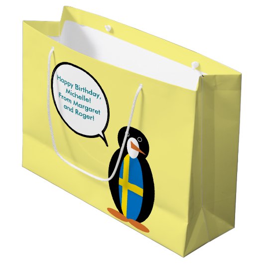 Schwedische Flagge - Vortrag von Frau Penguin Pers Große Geschenktüte (Vorderseite Schrägansicht)