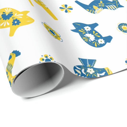 Schwedische Folk Dala Farm Animals l blau und gelb Geschenkpapier (Rolleneckpunkt)