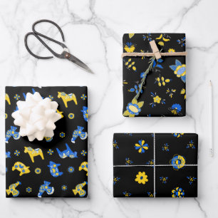 Schwedische Folk Dala Farm Animals l blau und gelb Geschenkpapier Set