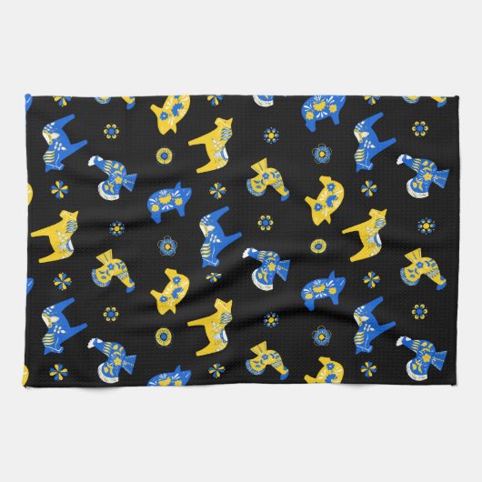 Schwedische Folk Dala Farm Animals l blau und gelb Geschirrtuch (Horizontal)