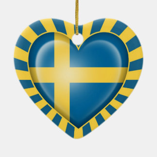 Schwedische Herz-Flagge mit Stern-Explosion Keramik Ornament