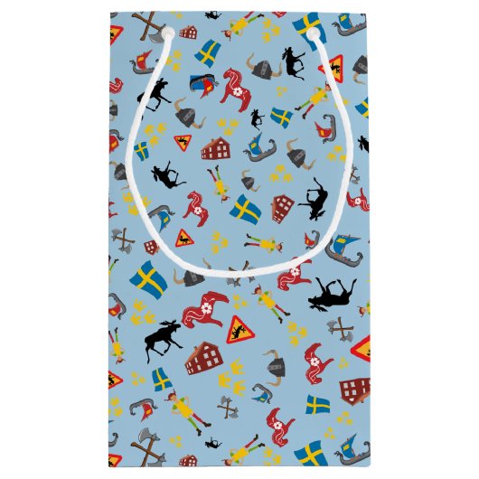 Schwedische Kultureinzelteile auf blauem Kleine Geschenktüte (Rückseite)