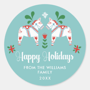 Schwedischer Dala Horse Folk Happy Feiertage Weihn Runder Aufkleber