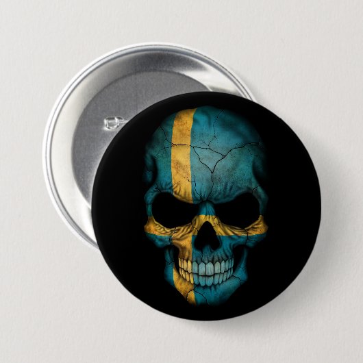 Schwedischer Flaggen-Schädel auf Schwarzem Button (Vorne & Hinten)