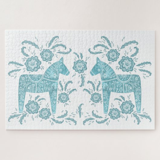 Schwedisches Dala Horse Aquamarin grün und weiß Puzzle (Horizontal)