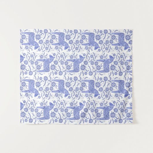 Schwedisches Dala Horse Blue and White Tapestry Wandteppich (Vorderseite (Horizontal))