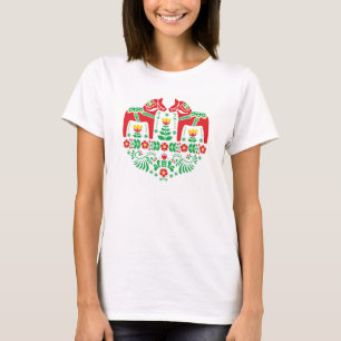 Schwedisches Dala-Pferd florales Volksmuster T-Shirt