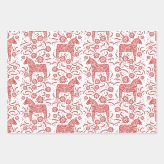 Schwedisches Dala Pferd Rot und Weiße Volkskunst K Geschenkpapier Set (Vorderseite)