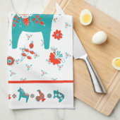 Schwedisches Volksmorn Dala Horse Aquamarin und ro Geschirrtuch (Viertel Falte)