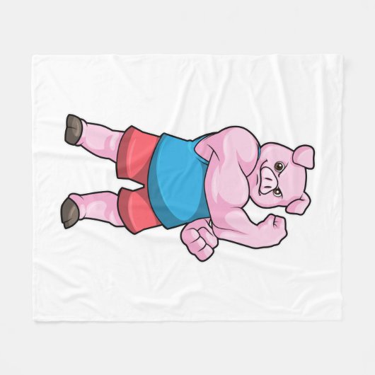 Schwein als Bodybuilder mit großem Oberarm Fleecedecke (Vorderseite (Horizontal))