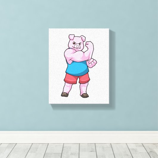 Schwein als Bodybuilder mit großem Oberarm Leinwanddruck (Insitu (Holzboden))