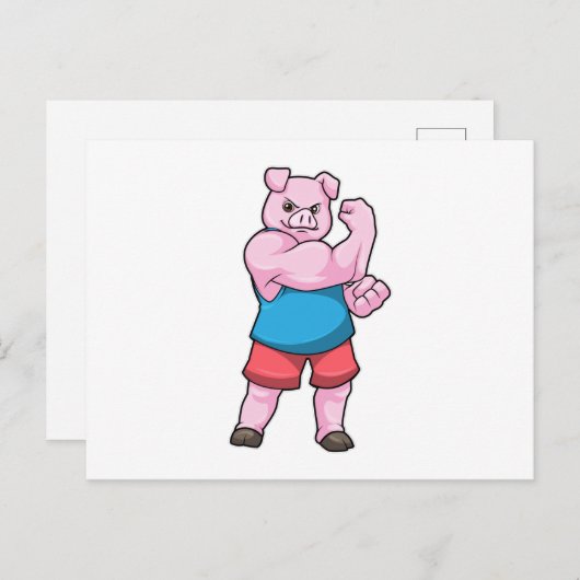 Schwein als Bodybuilder mit großem Oberarm Postkarte (Vorne/Hinten)