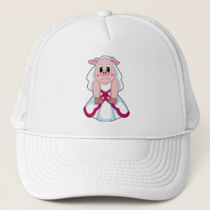 Schwein als Braut mit Hochzeitskleid Truckerkappe