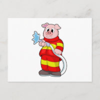 Schwein als Feuerwehrmann mit Schlauch