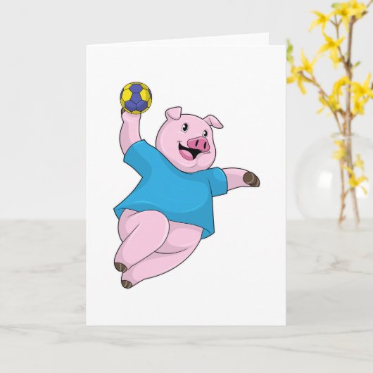 Schwein als Handballspieler mit Handball Karte (Gelbe Blume)