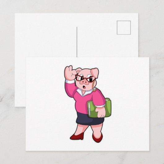 Schwein als Sekretär mit Brille Postkarte (Vorne/Hinten)