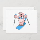 Schwein als Skifahrer mit Skiern und Skistöcken Postkarte (Vorne/Hinten)