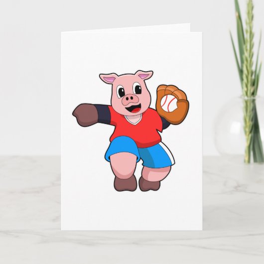 Schwein beim Baseball mit Baseballhandschuh Karte (Vorderseite)