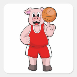 Schwein beim Basketball-Sport Quadratischer Aufkleber