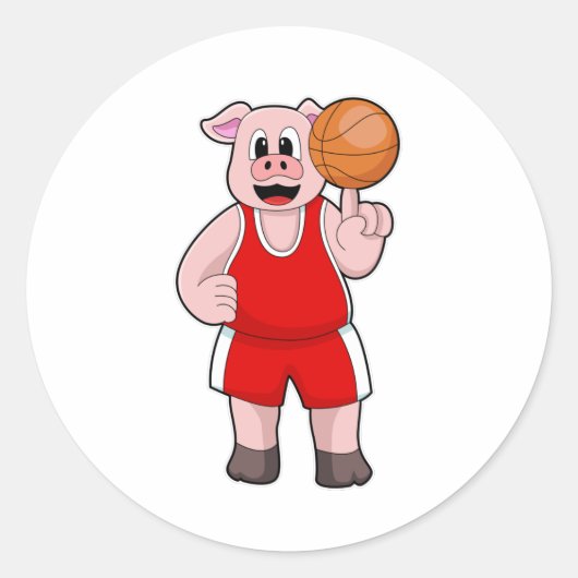 Schwein beim Basketball-Sport Runder Aufkleber (Vorderseite)