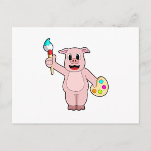 Schwein beim Malen mit Pinsel und Farbe Postkarte