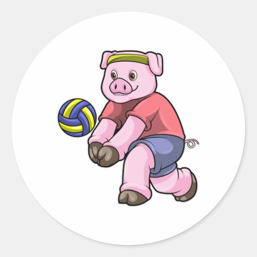 Schwein beim Sport mit Volleyball Runder Aufkleber (Vorderseite)