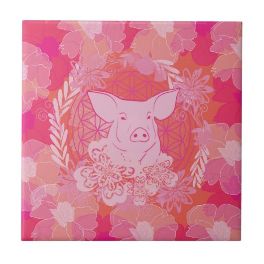 Schwein, Blume des Lebens, blau, mandala,zen,chakr Fliese (Vorderseite)