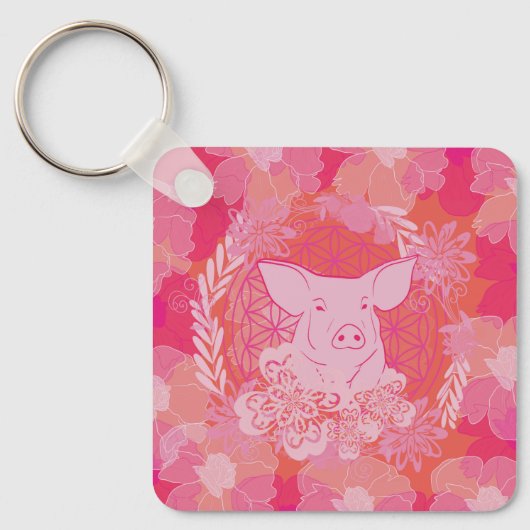 Schwein, Blume des Lebens, blau, mandala,zen,chakr Schlüsselanhänger (Vorderseite)