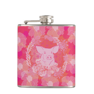 Schwein,Blume des Lebens, blau, Mandala,Zen,Chakra Flachmann