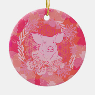 Schwein,Blume des Lebens, blau, Mandala,Zen,Chakra Keramik Ornament