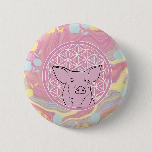 Schwein, Blume des Lebens, Rose, Mandala,Zen,Chakr Button (Vorderseite)