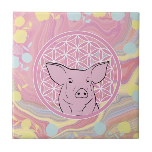 Schwein, Blume des Lebens, Rose, Mandala,Zen,Chakr Fliese (Vorderseite)