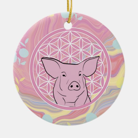Schwein, Blume des Lebens, Rose, Mandala,Zen,Chakr Keramik Ornament (Vorne)