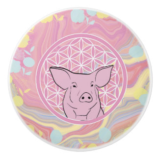 Schwein, Blume des Lebens, Rose, Mandala,Zen,Chakr Keramikknauf