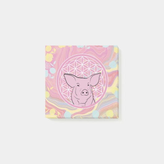 Schwein, Blume des Lebens, Rose, Mandala,Zen,Chakr Post-it Klebezettel (Vorderseite)