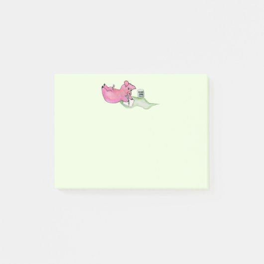 Schwein-Button, Schwein schreibt Post-it Klebezettel (Vorderseite)