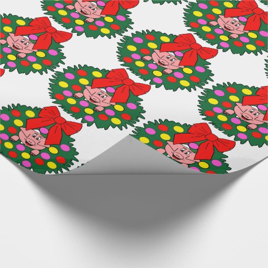 Schwein im WeihnachtsKranz Geschenkpapier (Ecke)