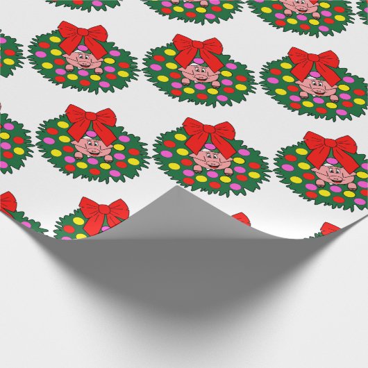 Schwein im WeihnachtsKranz Geschenkpapier (Ecke)