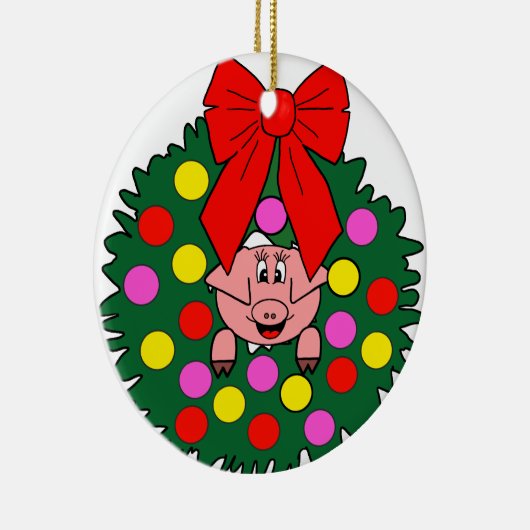 Schwein im WeihnachtsKranz Keramik Ornament (Rechts)