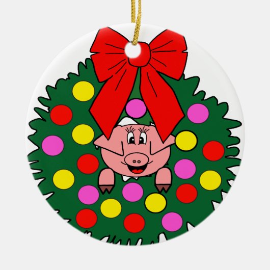 Schwein im WeihnachtsKranz Keramik Ornament (Vorne)