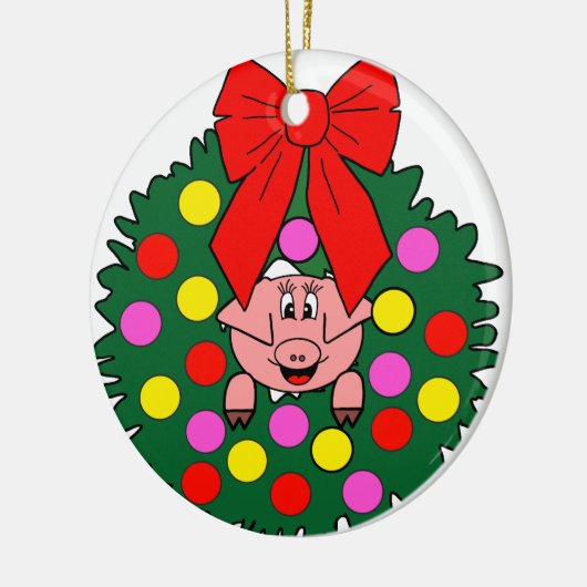 Schwein im WeihnachtsKranz Keramik Ornament (Links)