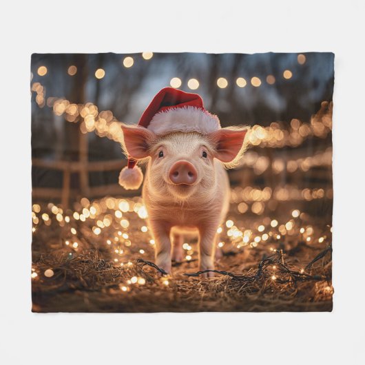 Schwein in einer Weihnachtsmannmütze Fleecedecke (Vorderseite (Horizontal))