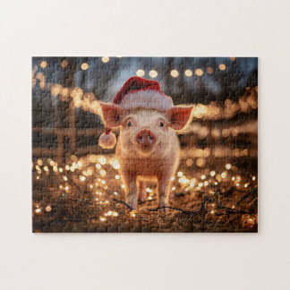 Schwein in einer Weihnachtsmannmütze Puzzle